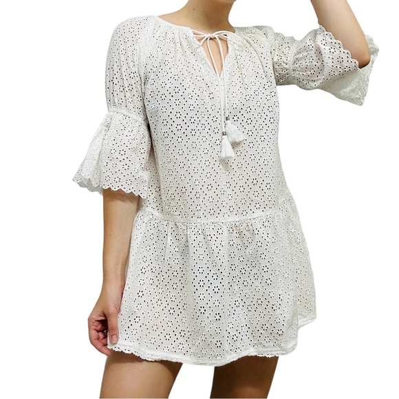 Playa Lucila Coverup Dress Mini White Beach Swimsuit Dainty Eyelet Cotton Small - Picture 2 of 8